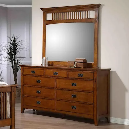 Mission Style Double Dresser and Mirror with Slat Detail
